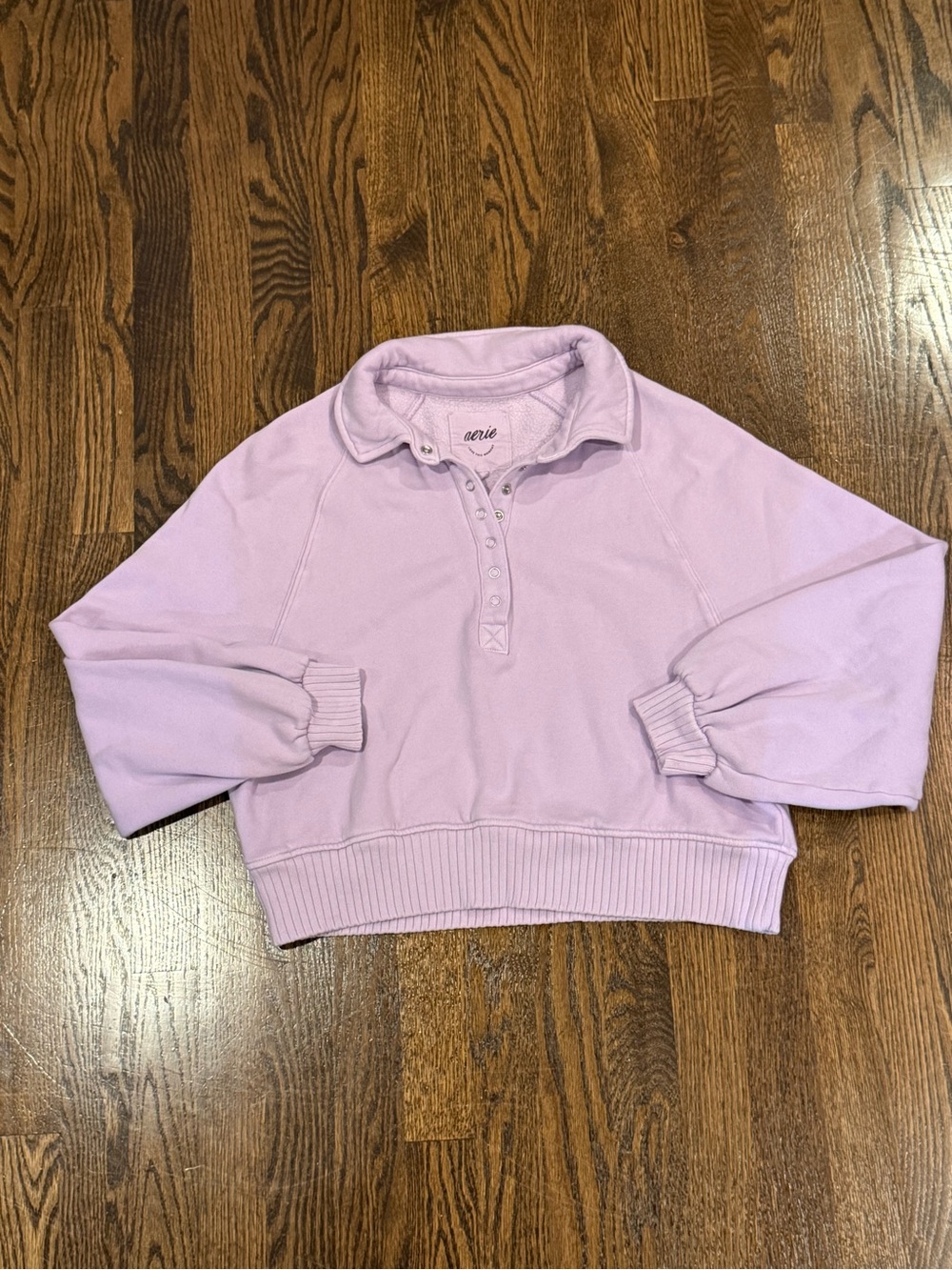 aerie Lavender Snap-Placket Cropped Crewneck Sweater